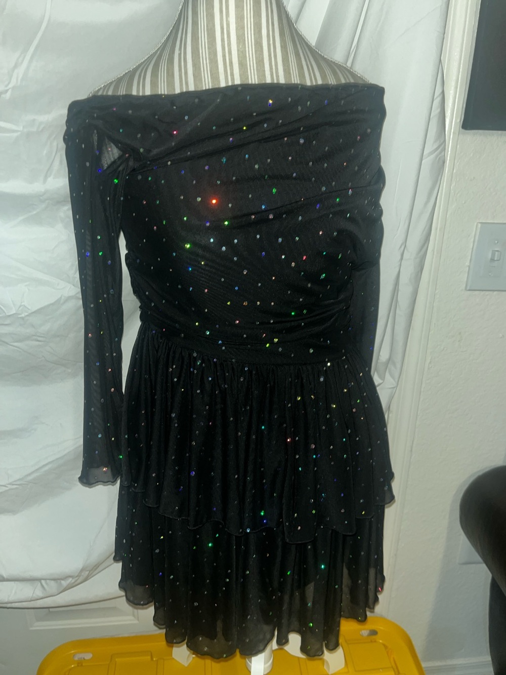 Black Off-Shoulder Mesh Sparkle Tiered Dress